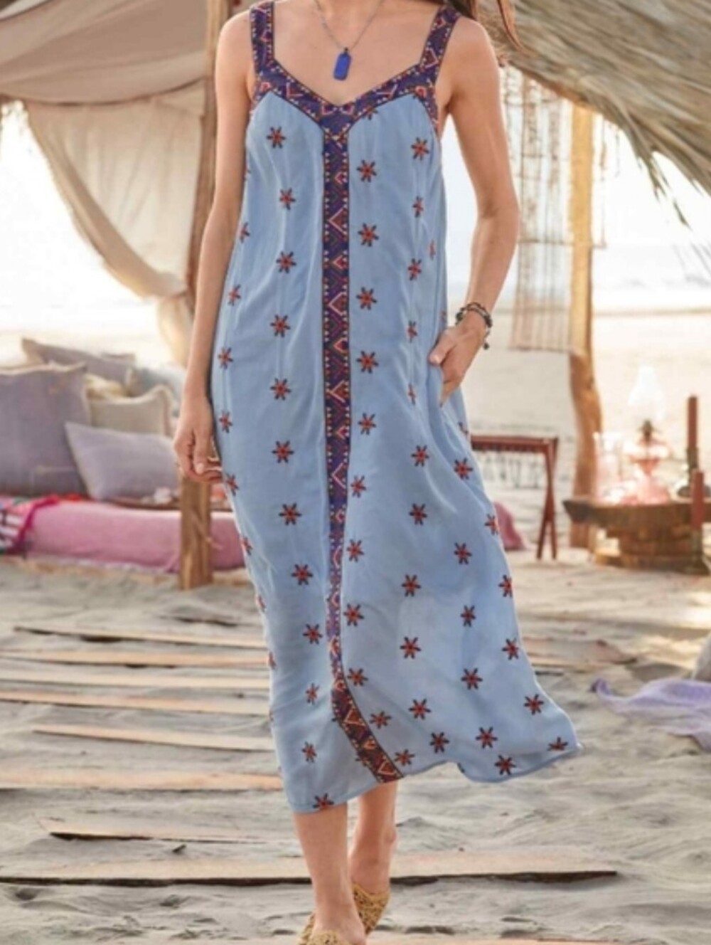 Sundance Light Blue Embroidered Maxi Dress with Pattern Trim Medium